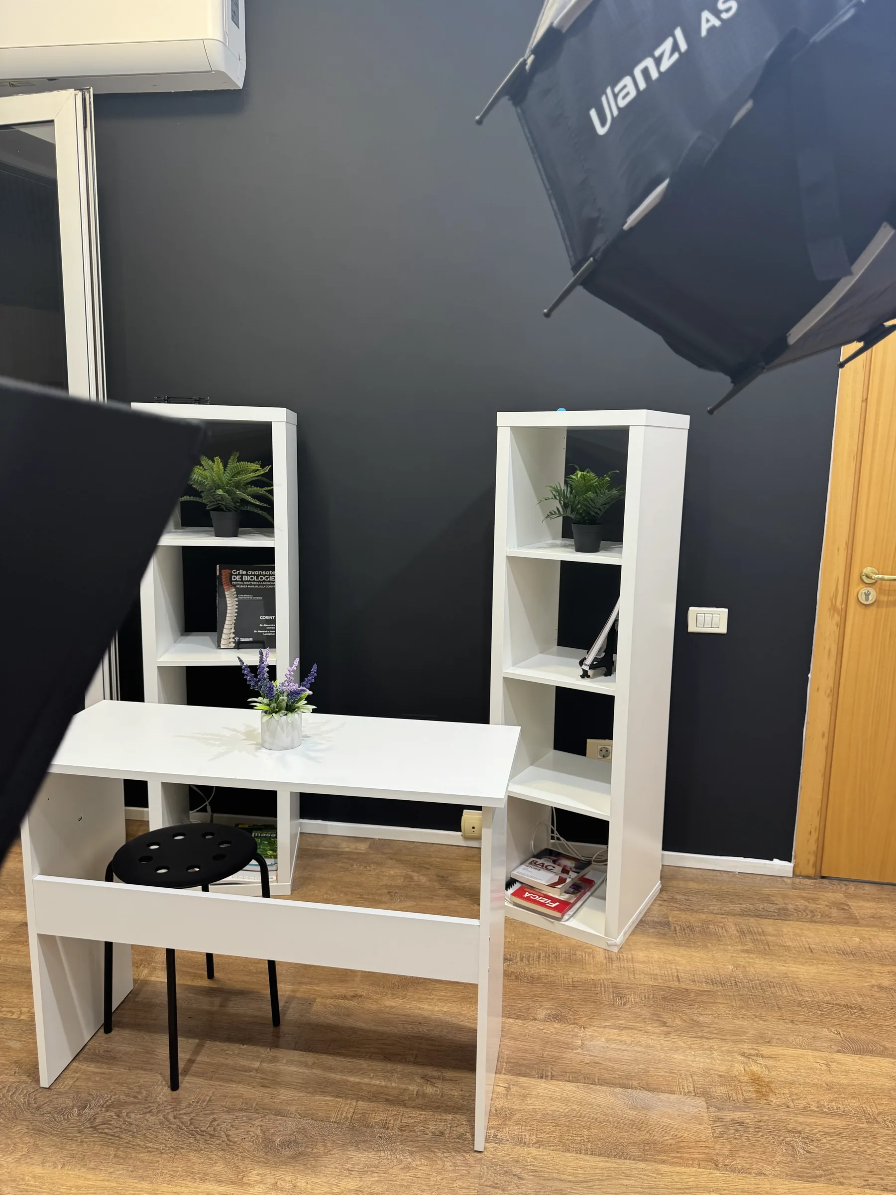 Masa albă de prezentare pe peretele închis la culoare, cu panou LED și rafturi cu plante