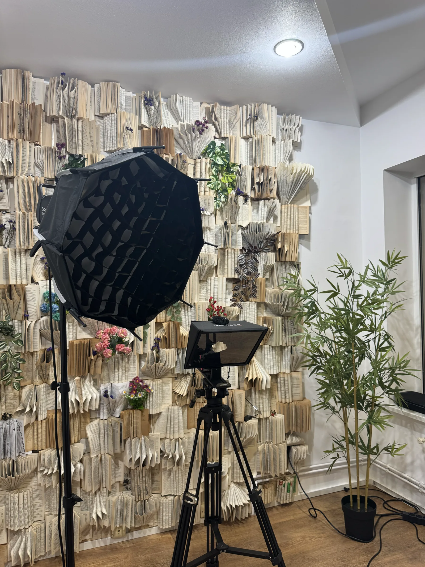 Peretele din pagini de carte, cu softbox octogonal pe stativ și camera pe trepied în fața lui
